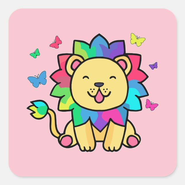 Happy smiling lion with butterflies.  square sticker (Front)
