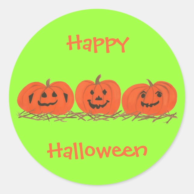 Happy Smiling Pumpkins in Hay Halloween Stickers (Front)