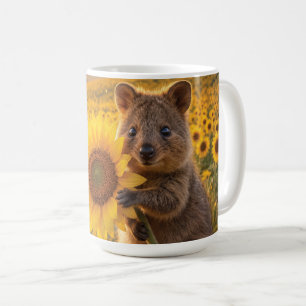 Happy Smiling Quokka Holding a Sunflower Coffee Mug