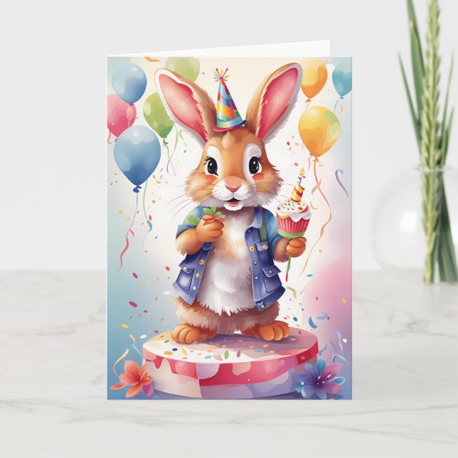 Happy smiling rabbit at birthday party! | Card (Front)