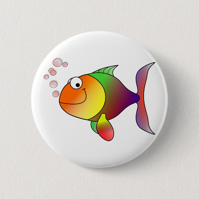 Happy Smiling Rainbow Fish and Bubbles 2 Inch Round Button (Front)
