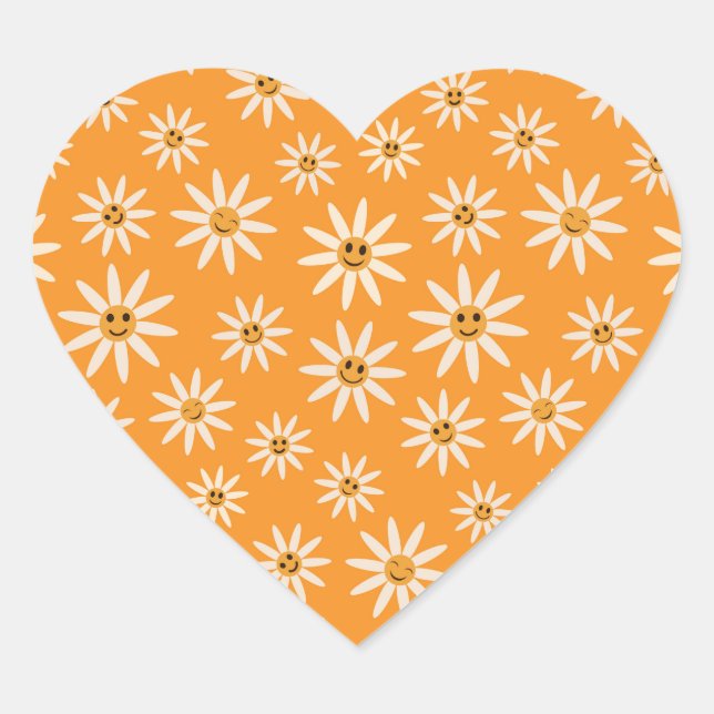 Happy smiling retro white flowers pattern  heart sticker (Front)