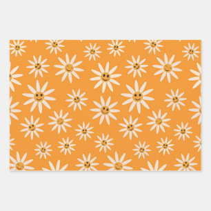 Happy smiling retro white flowers pattern wrapping paper sheet