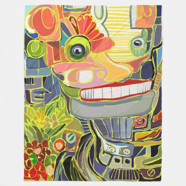 Happy Smiling Robot with Flowers Fleece Blanket (Front)