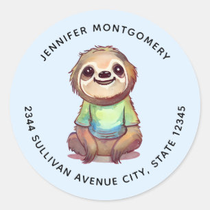  Happy Smiling Sloth Sitting Relaxed Address Classic Round Sticker