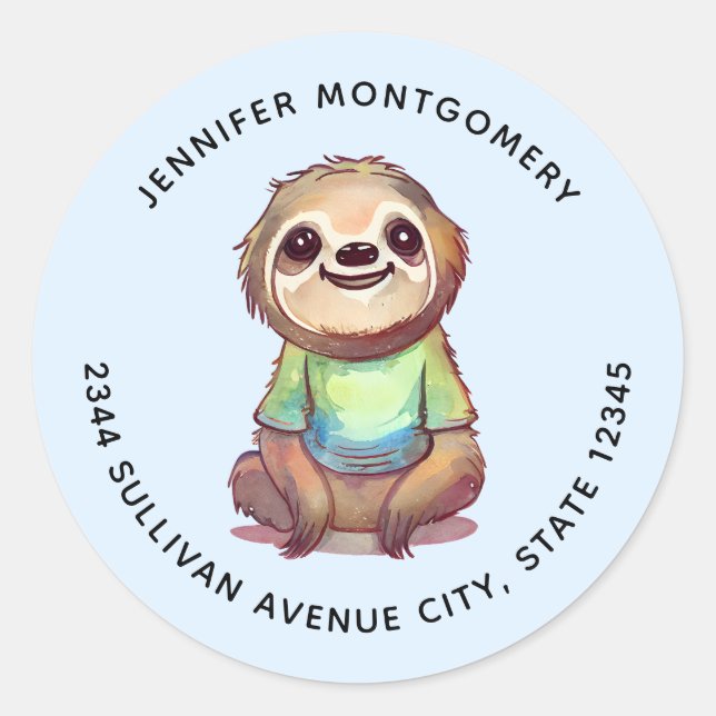  Happy Smiling Sloth Sitting Relaxed Address Classic Round Sticker (Front)