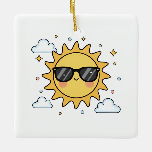 Happy Smiling Sun Cartoon - Minimalist Kawaii Suns Ceramic Ornament (Front)