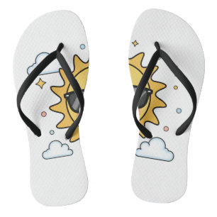 Happy Smiling Sun Cartoon - Minimalist Kawaii Suns Flip Flops