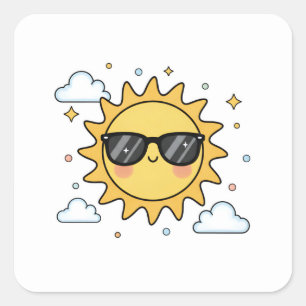 Happy Smiling Sun Cartoon - Minimalist Kawaii Suns Square Sticker
