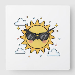 Happy Smiling Sun Cartoon - Minimalist Kawaii Suns Square Wall Clock