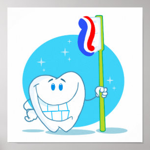 Happy Smiling Tooth With Toothbrush Poster