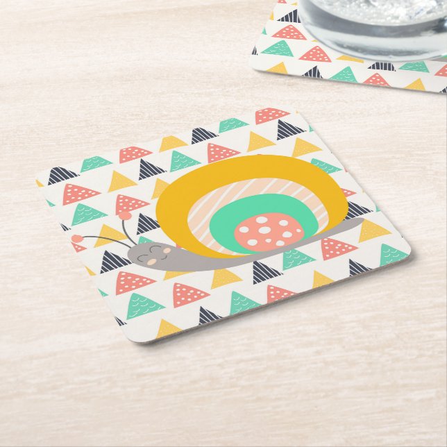 Happy Snail on Triangles Square Paper Coaster (Angled)