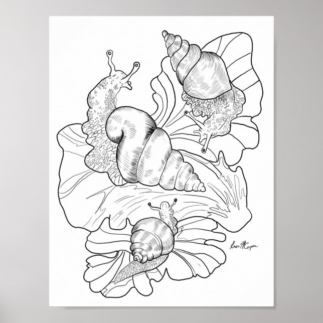 Happy Snails on Lettuce Leafs Art Colouring  Page Poster (Front)