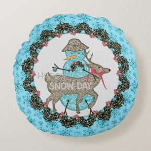 Happy Snow Day Round Snowman Pillow