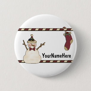 Happy Snowman And Christmas Stocking 2 Inch Round Button