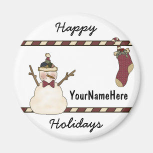 Happy Snowman And Christmas Stocking Magnet