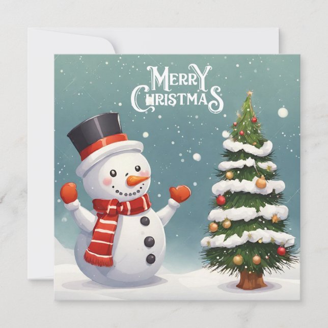 Happy Snowman and Christmas Tree  Holiday Card (Front)