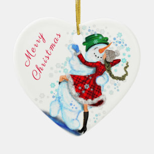 Happy Snowman and Girl Dance Tango Christmas Dance Ceramic Ornament