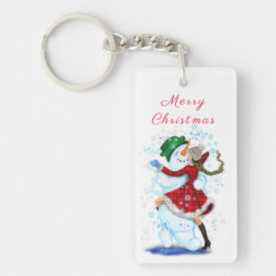 Happy Snowman and Girl Dance Tango Christmas Dance Keychain