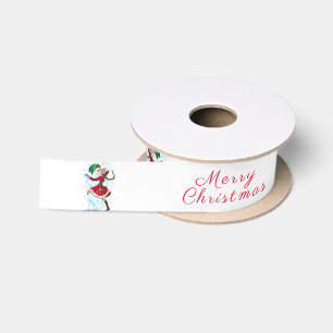 Happy Snowman and Girl Dance Tango Christmas Fun Satin Ribbon