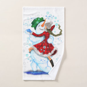 Happy Snowman and Girl Dance Tango Christmas Party Bath Towel Set