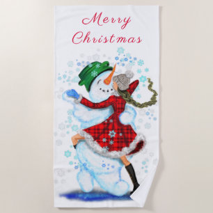 Happy Snowman and Girl Dance Tango Christmas Party Beach Towel