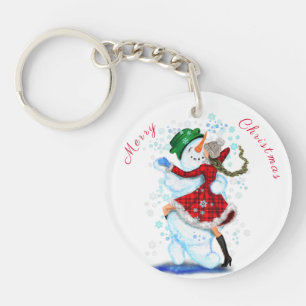 Happy Snowman and Girl Dance Tango Christmas Party Keychain