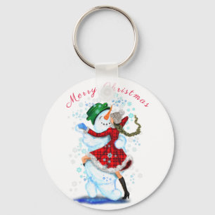 Happy Snowman and Girl Dance Tango Christmas Party Keychain