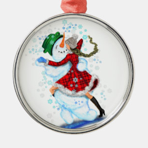 Happy Snowman and Girl Dance Tango Christmas Party Metal Ornament