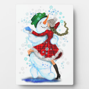 Happy Snowman and Girl Dance Tango Christmas Party Plaque