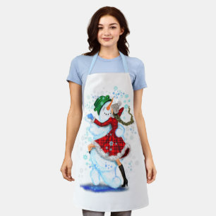 Happy Snowman and Girl Dance Tango Merry Christmas Apron
