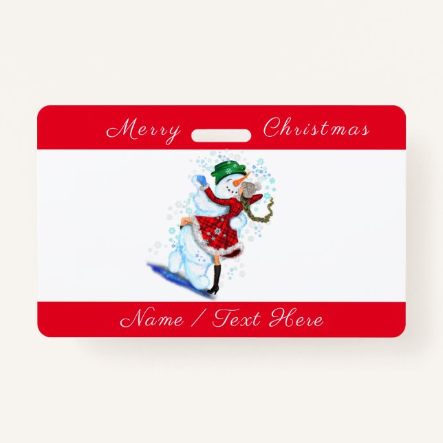 Happy Snowman and Girl Dance Tango Merry Christmas Badge (Front)