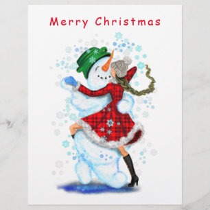 Happy Snowman and Girl Dance Tango Merry Christmas Letterhead