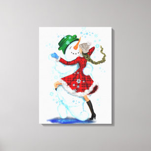 Happy Snowman and Girl Dancers Christmas Canvas Print