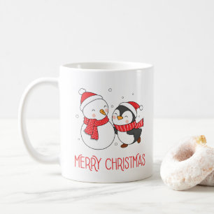 Happy Snowman and Penguin, Christmas Holiday Mug