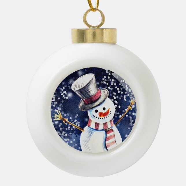 Happy Snowman Art Ceramic Ball Christmas Ornament (Front)