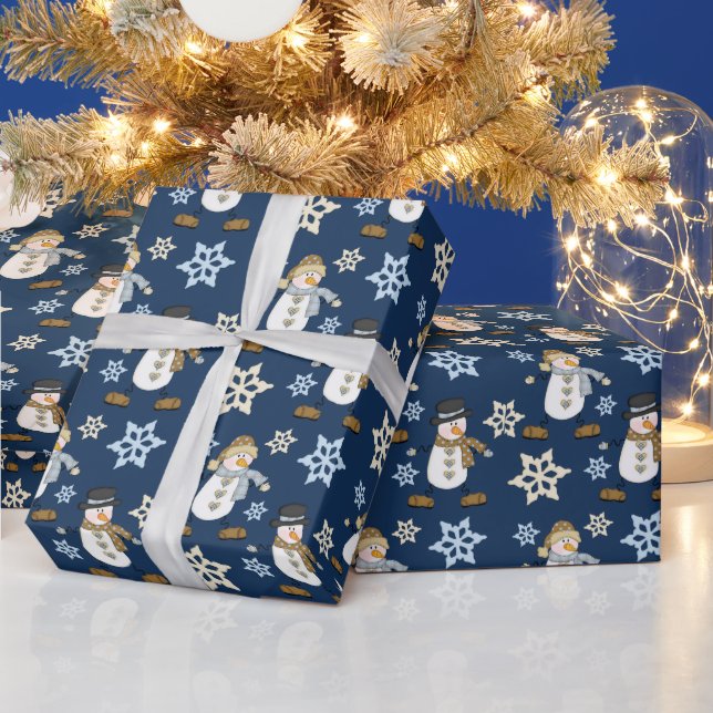 Happy Snowman Blue Christmas Wrapping Paper (Holidays)