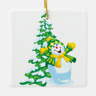 Happy Snowman Cartoon Ceramic Ornament
