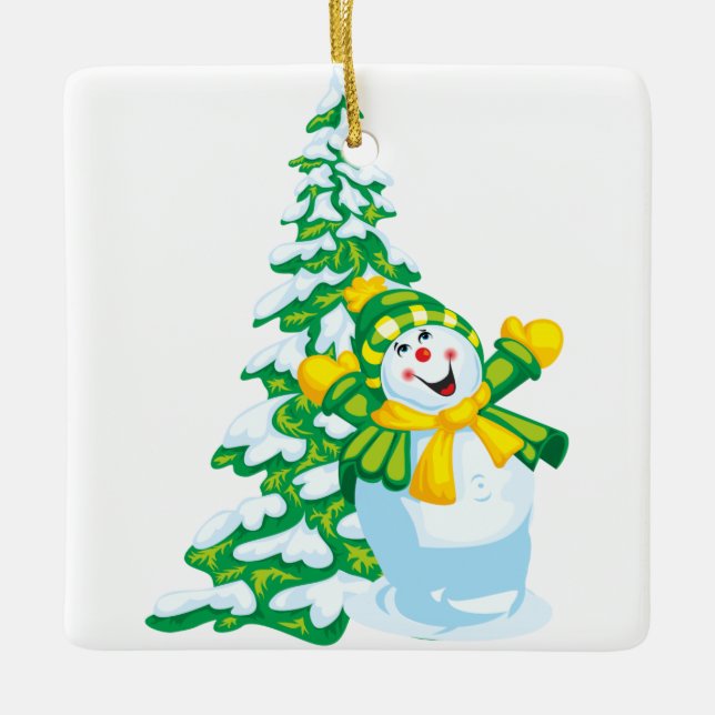 Happy Snowman Cartoon Ceramic Ornament (Front)