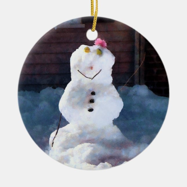 Happy Snowman Ceramic Ornament (Front)