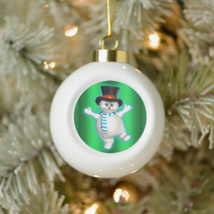 Happy Snowman Dancing Ceramic Ball Christmas Ornament