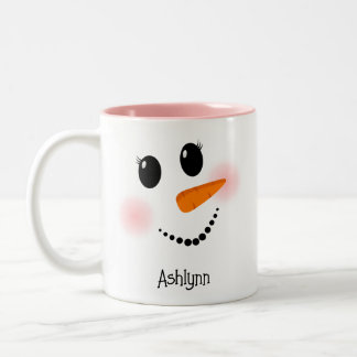 Happy Snowman Face Eyelashes Pink Personalized Two-Tone Coffee Mug