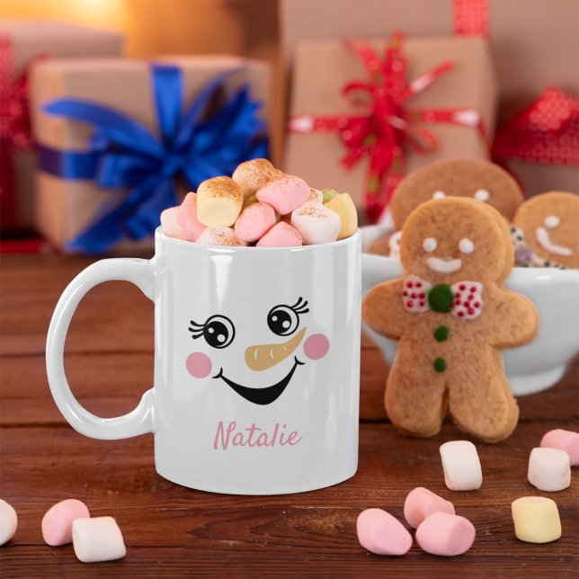 Happy Snowman Face Personalized Name Holiday Coffee Mug (Creator Uploaded)