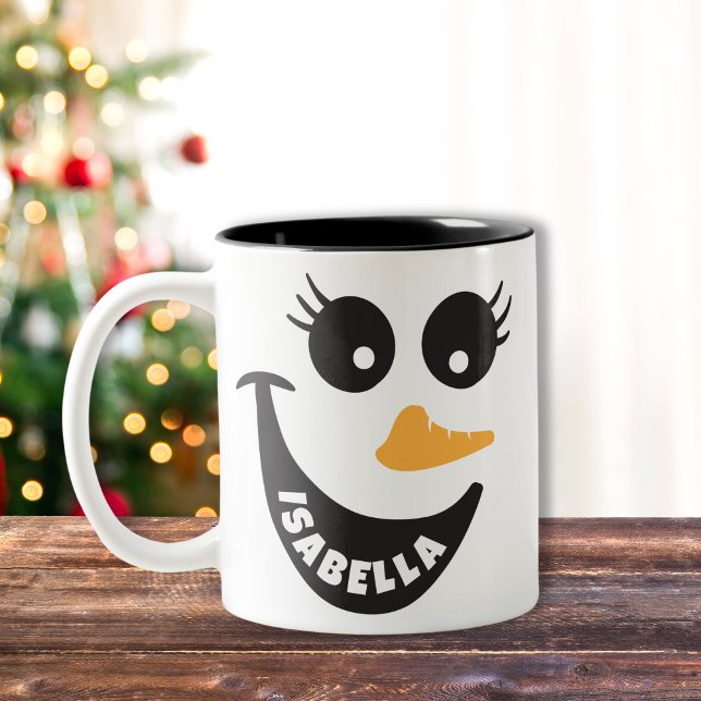 Happy Snowman Face Personalized Name Holiday Gift  Two-Tone Coffee Mug (Custom Christmas snowman face hot chocolate mug)