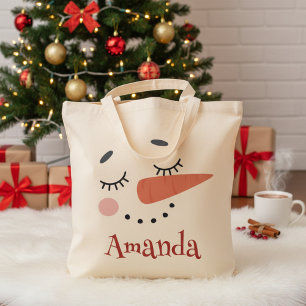 Happy Snowman Face Personalized Name Holiday Tote Bag