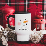 Happy Snowman Face Personalized Name Holiday Travel Mug<br><div class="desc">Cute holiday coffee or hot cocoa travel mug features a happy winter snowman face with warm rosy cheeks,  carrot nose,  eyes and smile made of coal. Snow white,  black,  and orange design colours. Personalize with a name or other custom text.</div>