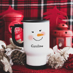 Happy Snowman Face Personalized Name Holiday Travel Mug<br><div class="desc">Cute holiday coffee or hot cocoa travel mug features a happy winter snowman (snow lady) girl face with warm rosy cheeks, carrot nose, eyes with pretty eyelashes, and smile made of coal. Snow white, black, pink and orange design colours. Personalize this winter seasonal mug with a first name or other...</div>