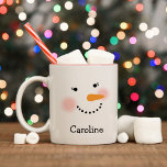 Happy Snowman Face Personalized Name Holiday Two-Tone Coffee Mug<br><div class="desc">Cute holiday coffee / hot cocoa mug features a happy winter snowman face with warm rosy cheeks,  carrot nose,  eyes with eyelashes,  and smile made of coal. Snow white,  black,  pink and orange design colours. Personalize this snowlady mug with a name or other custom text.</div>