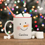 Happy Snowman Face Personalized Name Holiday Two-Tone Coffee Mug<br><div class="desc">Cute holiday coffee / hot cocoa mug features a happy winter snowman face with warm rosy cheeks,  carrot nose,  eyes and smile made of coal. Snow white,  black,  pink and orange design colours. Personalize with a name or other custom text.</div>