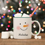 Happy Snowman Face Personalized Name Holiday Two-Tone Coffee Mug<br><div class="desc">Cute holiday coffee / hot cocoa mug features a happy winter snowman face with warm rosy cheeks,  carrot nose,  eyes and smile made of coal. Snow white,  black,  and orange design colours. Personalize with a name or other custom text. The green two-tone coffee mug style can be modified.</div>